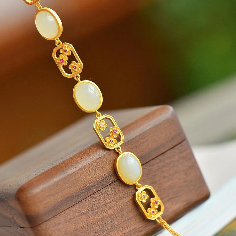 Natural Hetian Jasper White Jade Flower Bracelet