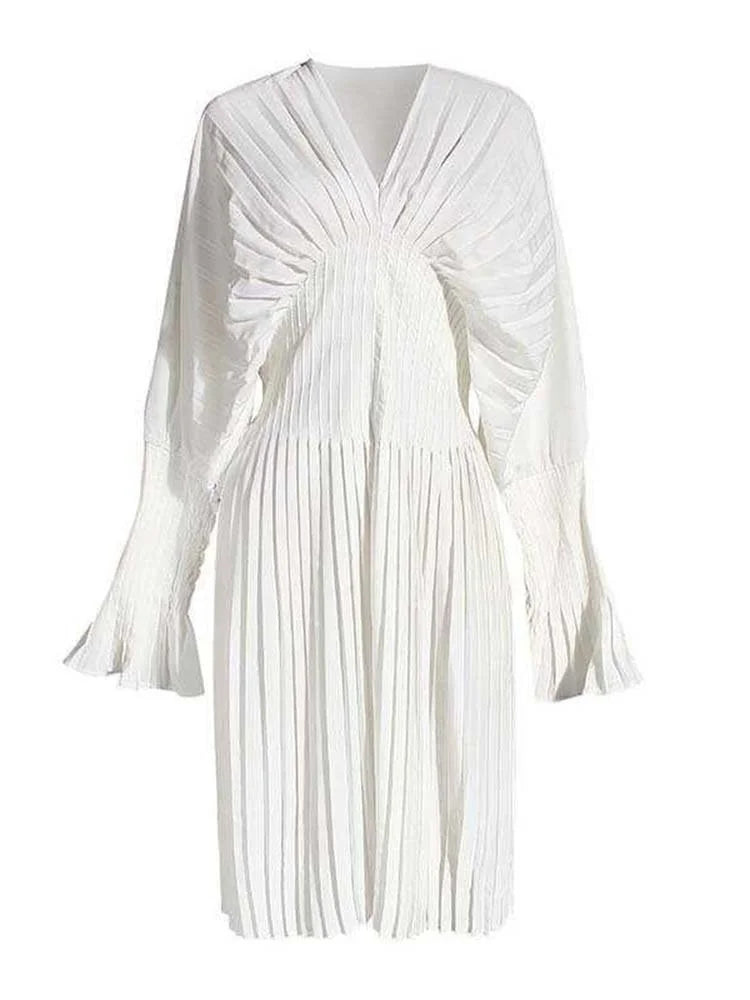 DEAT V-neck Pleated Waist Flare Sleeves Pullover Solid Color Slim Dress