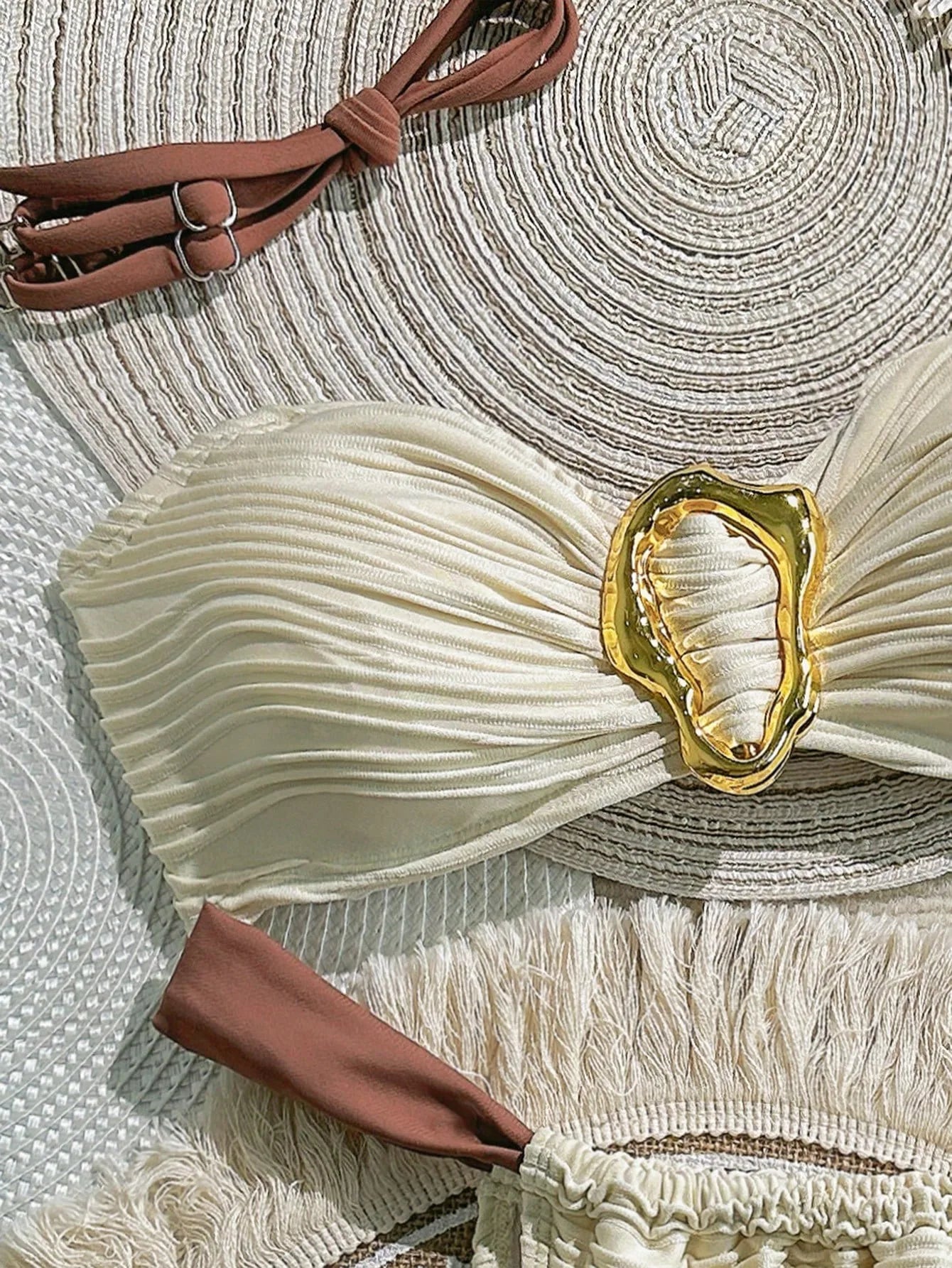 Textured Bandeau Bikini Set with Gold Detail & Terracotta Straps