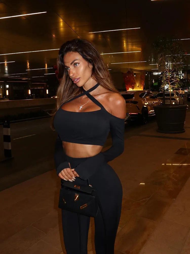 Long Sleeves Slash Neck (Tops+Pants) Hollow Out Skinny Set