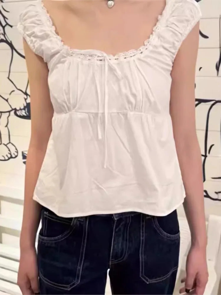 White Lace Tied Square Neck Summer Tee