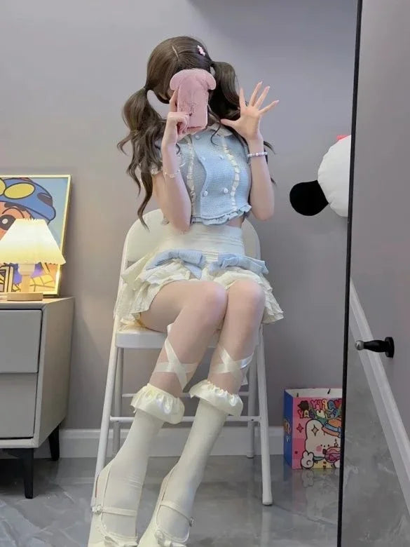 Short-Sleeve Blue Tweed Crop Top and Cream Tiered Ruffle Mini Skirt with Twin Bows