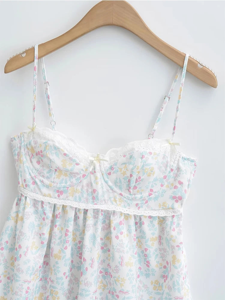 YENKYE Lace Trim Floral Print Sling Dress