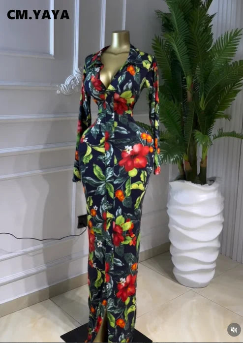 CM.YAYA Full Sleeve Floral Print Bodycon Long Dress