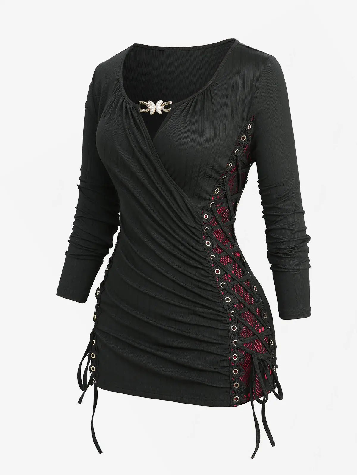 Surplice Butterfly Buckle Long Sleeves Top