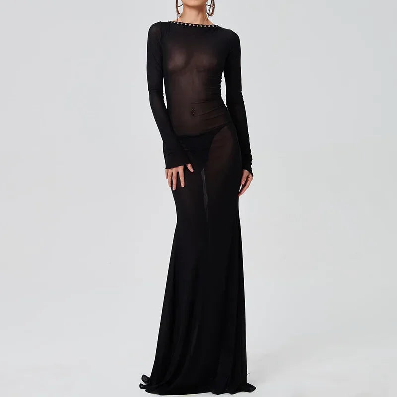 See Through Sheer Slim Bodycon Maxi Dress