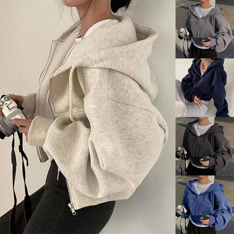 2025 Spring Autumn New Plus Size Insfleece-lined Cropped Slims Smooths Silhouette Zip-up Warm Navy Blue Hooded Sweatshirt Women