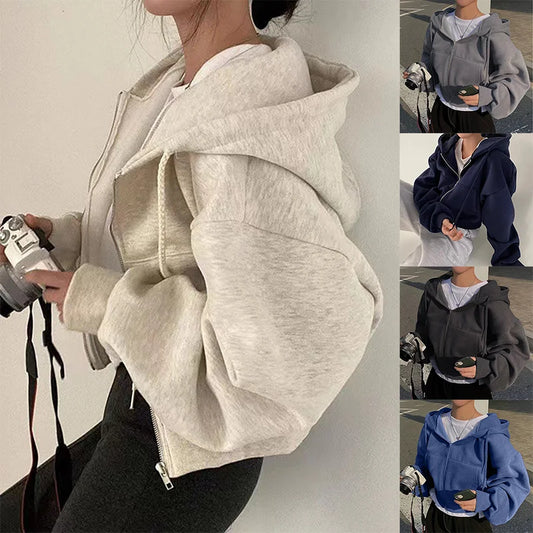 2025 Spring Autumn New Plus Size Insfleece-lined Cropped Slims Smooths Silhouette Zip-up Warm Navy Blue Hooded Sweatshirt Women