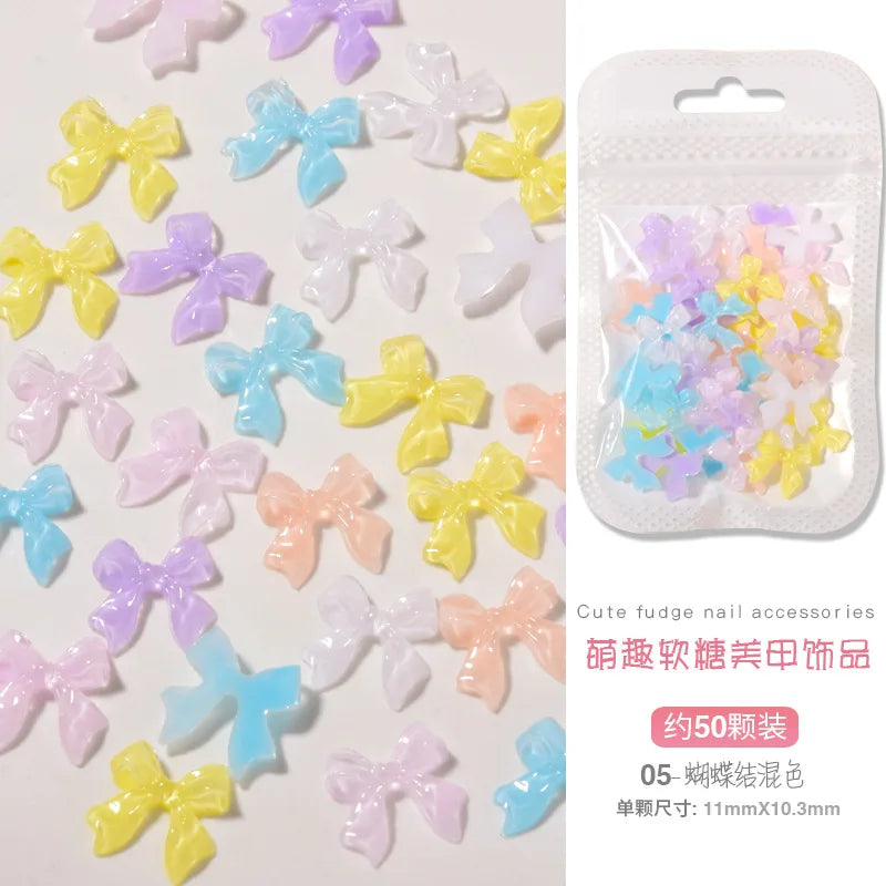 50PCS Aurora Acrylic 3D Nail Art Bow Charm For Nails Decoration Design Kawaii Manicure Accessories Bow-knot DIY Craft Supplies