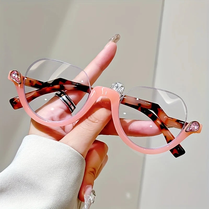 3個組 エレガント キャッツアイ ハーフフレーム 老眼鏡 レディース、ラインストーン装飾、フラワーアクセント、クリアPCレンズ、ファッショナブルなアイウェア