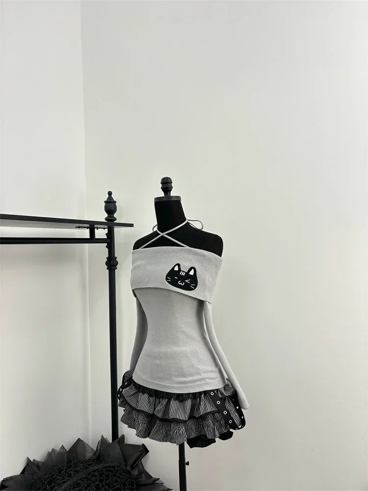 Cat Graphic Off-Shoulder Knit Top and Ruffled Skirt Two-Piece Set