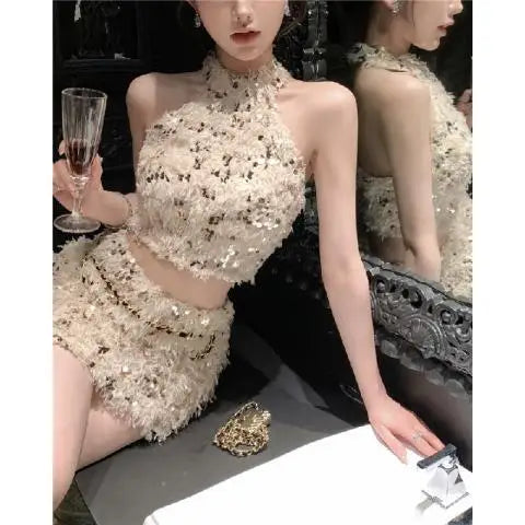Halter Neck Sequin Top Half Body Hip Short Skirt Set