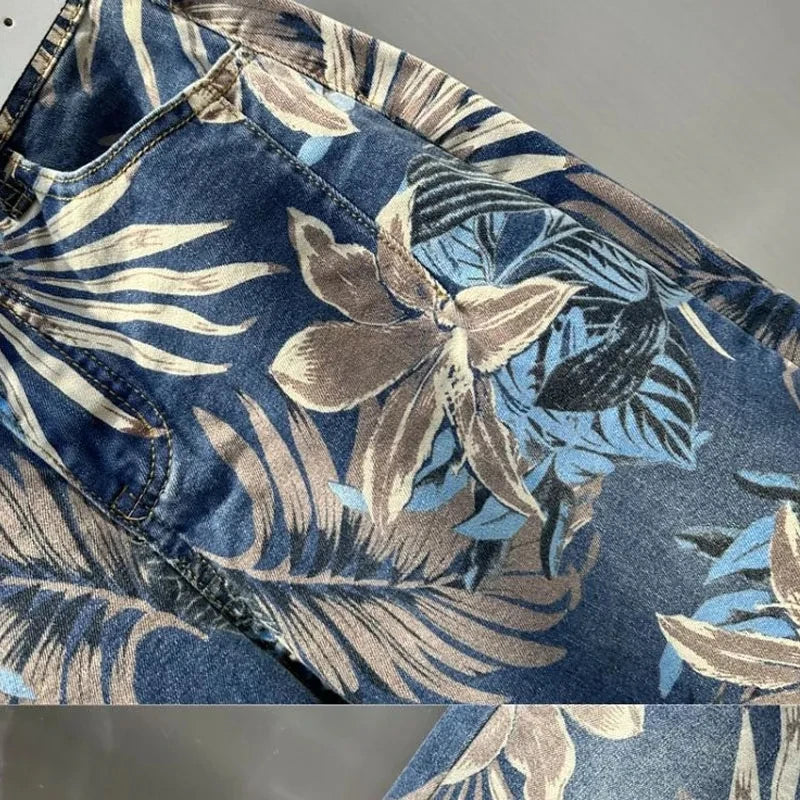 Leaf Printing Cropped Jeans