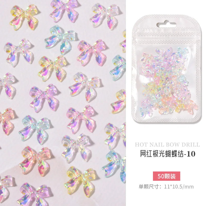 50PCS Aurora Acrylic 3D Nail Art Bow Charm For Nails Decoration Design Kawaii Manicure Accessories Bow-knot DIY Craft Supplies