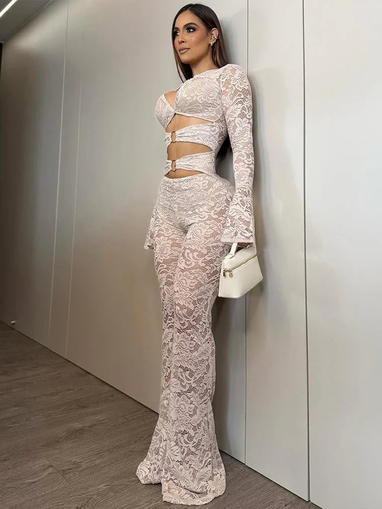Hollow Ring Crop Tops + Flare Pants Set