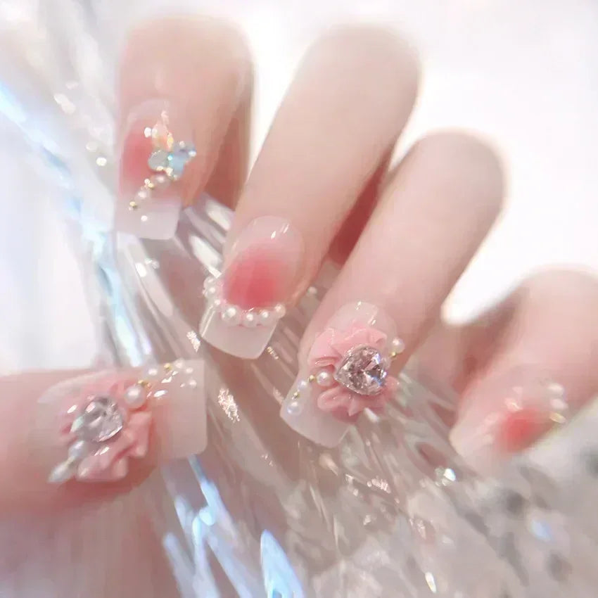 24Pcs Pink Ballet False Nails Long Coffin with Rhinestone Love Heart Wearable Fake Nails Full Cover Press on Nails Tips Glitter