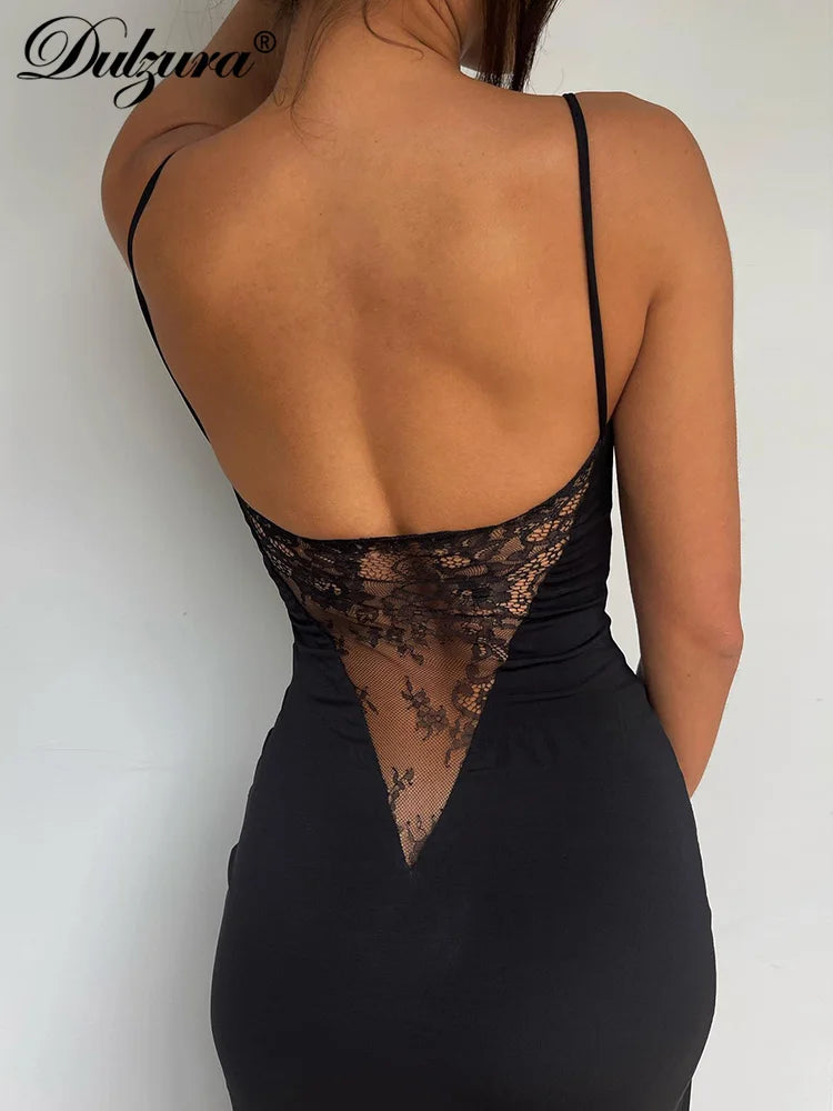Side Slit Lace Patchwork Backless Cami Maxi Dress