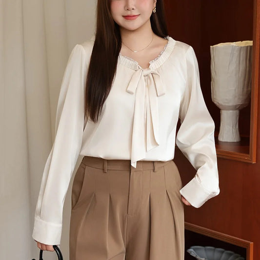 Lace V-neck Bow Bandage Long Sleeve Satin Blouse