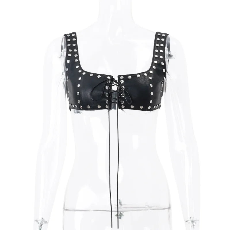 PU Leather Lace Up Sleeveless Crop Top