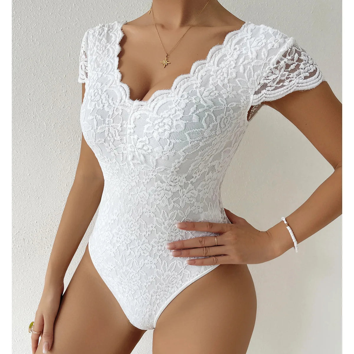 Embroidery Floral Contrast Lace Teddy Bodysuit