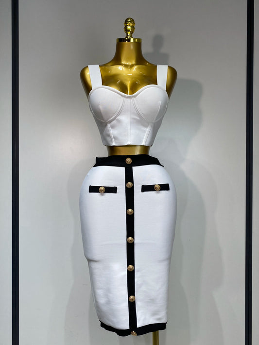 Button Patchwork Bodycon Bandage Two Piece Set