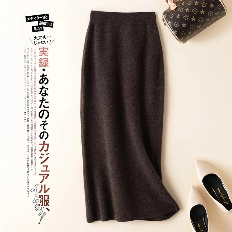 Straight Solid Elastic High Waist Knitted Skirt