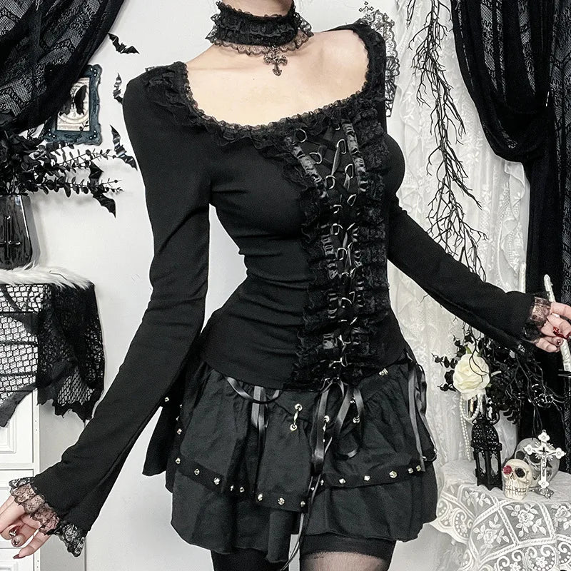 Lace Side Patchwork Long Sleeve Tee
