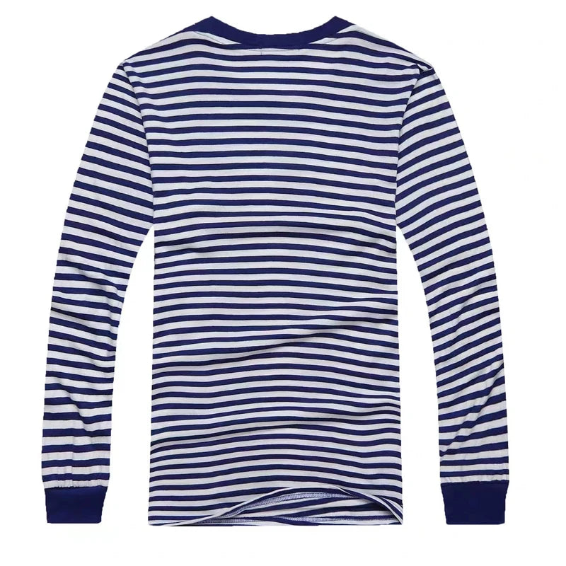 Blue and White Striped Long-Sleeve Crewneck Shirt