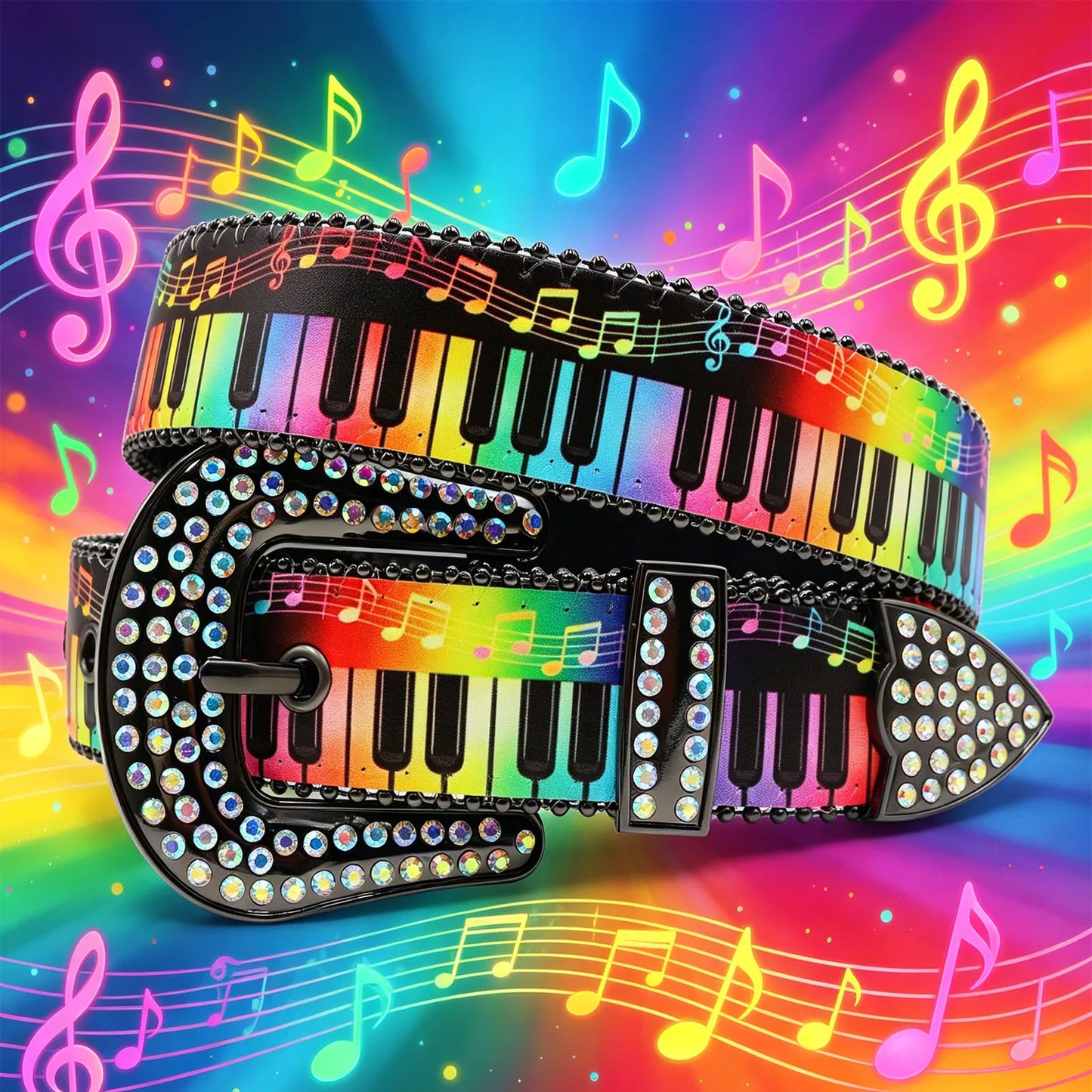 Western Cowboy Rhinestone Buckle PU Belt, Cute Pink Piano Keys & Musical Notes Print Glitter Decor Belt for Women Jeans Pants