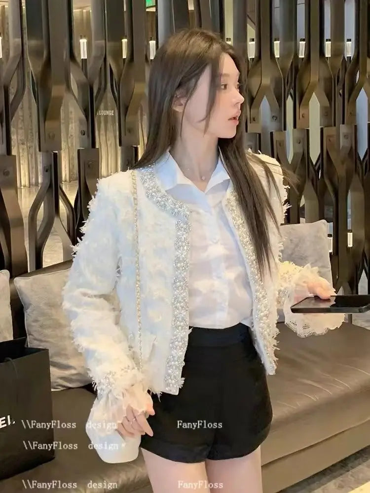 Pearl-Embellished Textured Tweed Crop Jacket