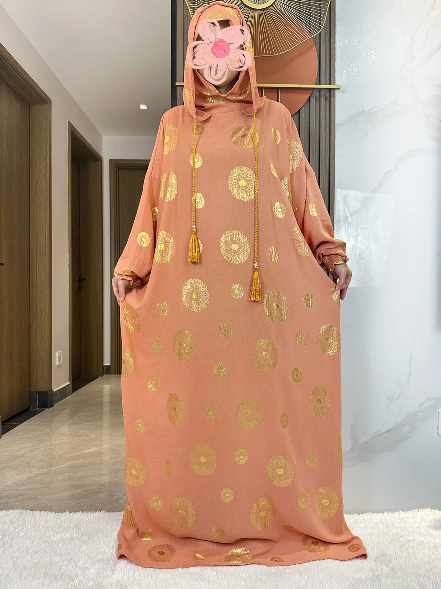 New Cotton Ramadan Muslim Two Hat Abaya Dubai Turkey Islam Prayer Clothes Gold Dust Shinning Embroidery Islam Women Dress Kaftan