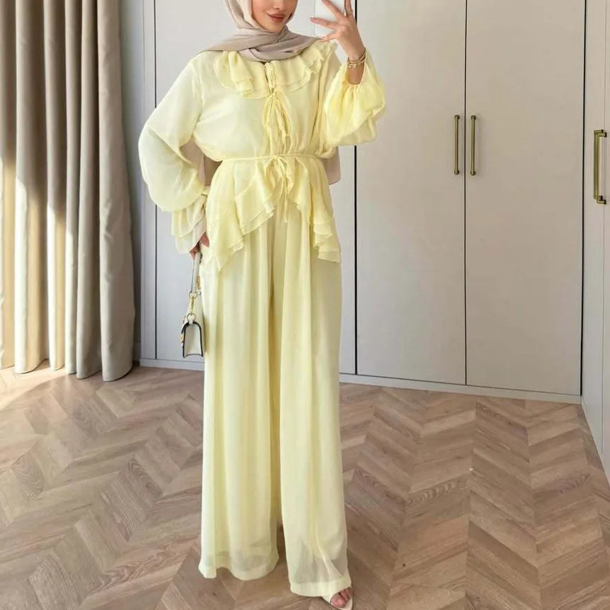 Women Top Wide Leg Pants 2 Piece Set Ramadan Eid Muslim Blouse Trousers Arabic Outfits Morocco Lace Up Dubai Islam Ensemble