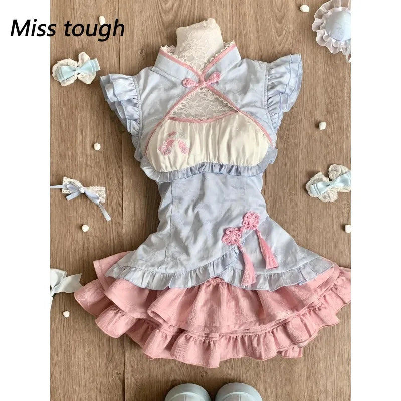 Lace Patchwork Top + Y2k Plaid Mini Skirt Set
