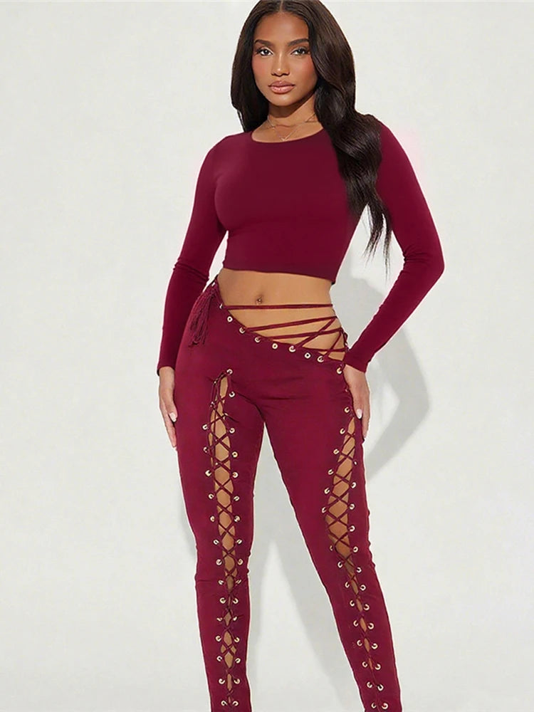 kliou Solid Full Sleeve Crop Top + Drawstring Slash Waist Pants Set