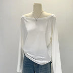 One Shoulder Cotton Slant Shoulder Long Sleeve Top