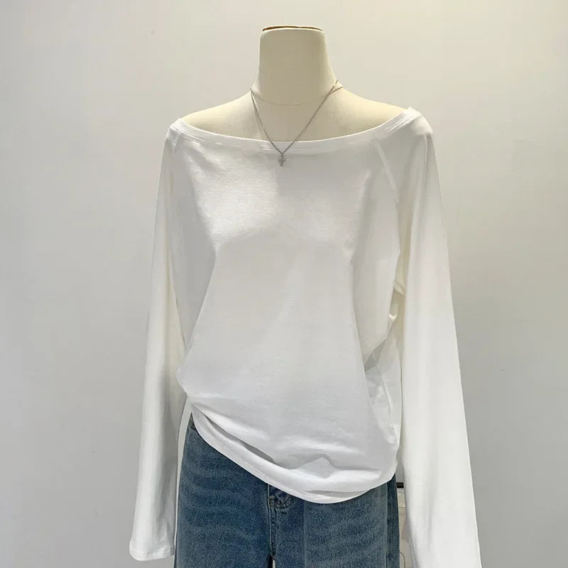 One Shoulder Cotton Slant Shoulder Long Sleeve Top