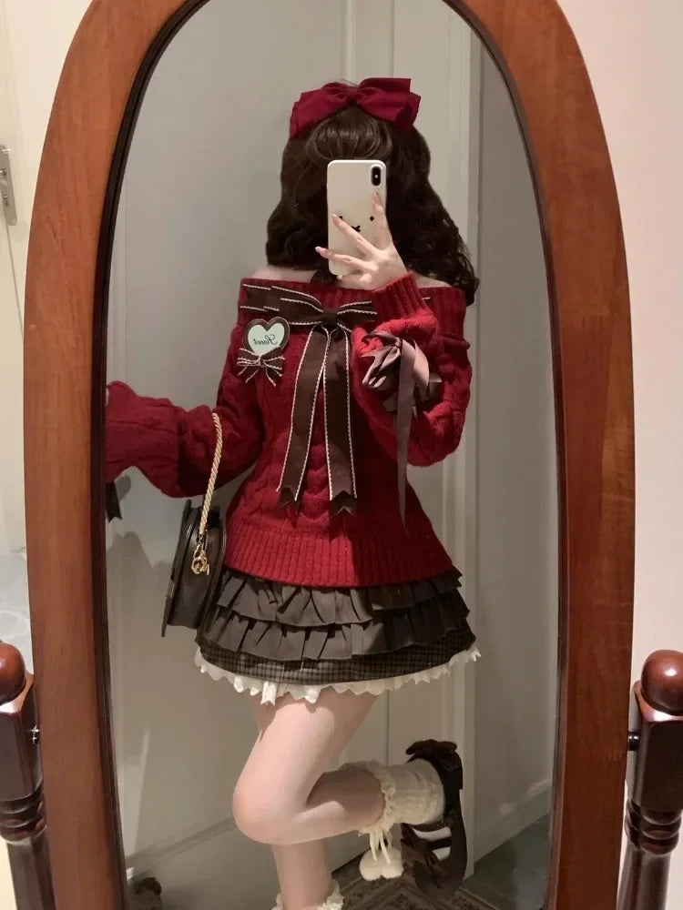 Lazy Bow Off Shoulder Long Sleeve Loose Knitted Sweater Tops+ High Waist Ruched Skirt Set