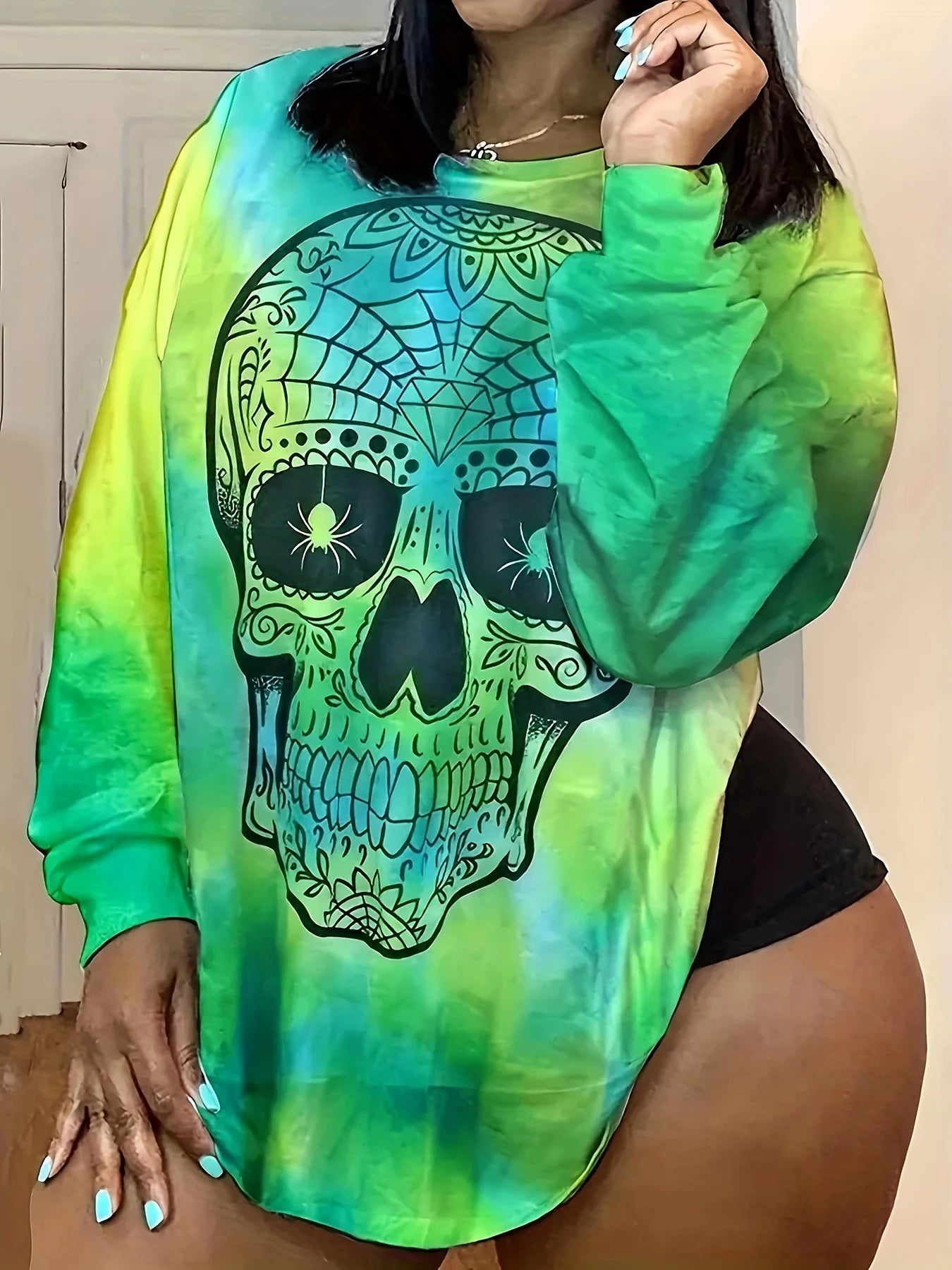 Abstract Skull Print Tie Dye Long Sleeves Crew Neck Loose Fit Tunic Top