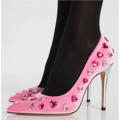 Pink Pointed Rhinestones Embellished Suede Stiletto Pumps
