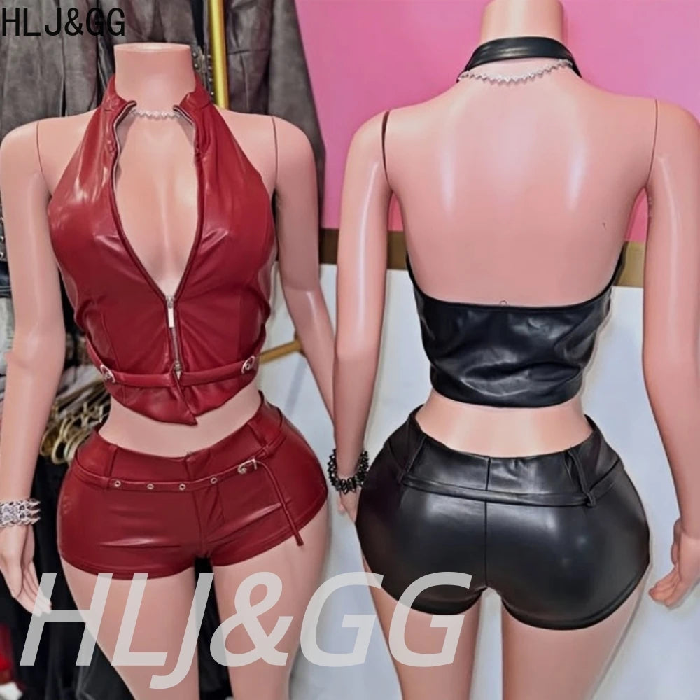 Halter Zipper Sleeveless Slim Top And Shorts Set