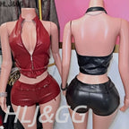 Halter Zipper Sleeveless Slim Top And Shorts Set