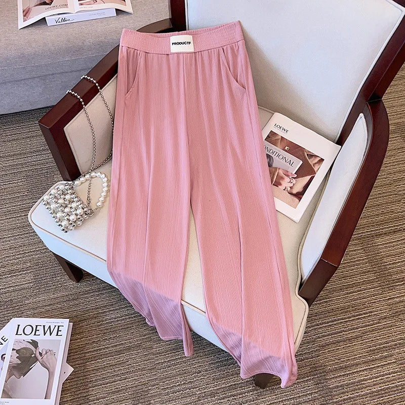 Loose Straight Leg High Waisted Ice Silk Cropped Pants