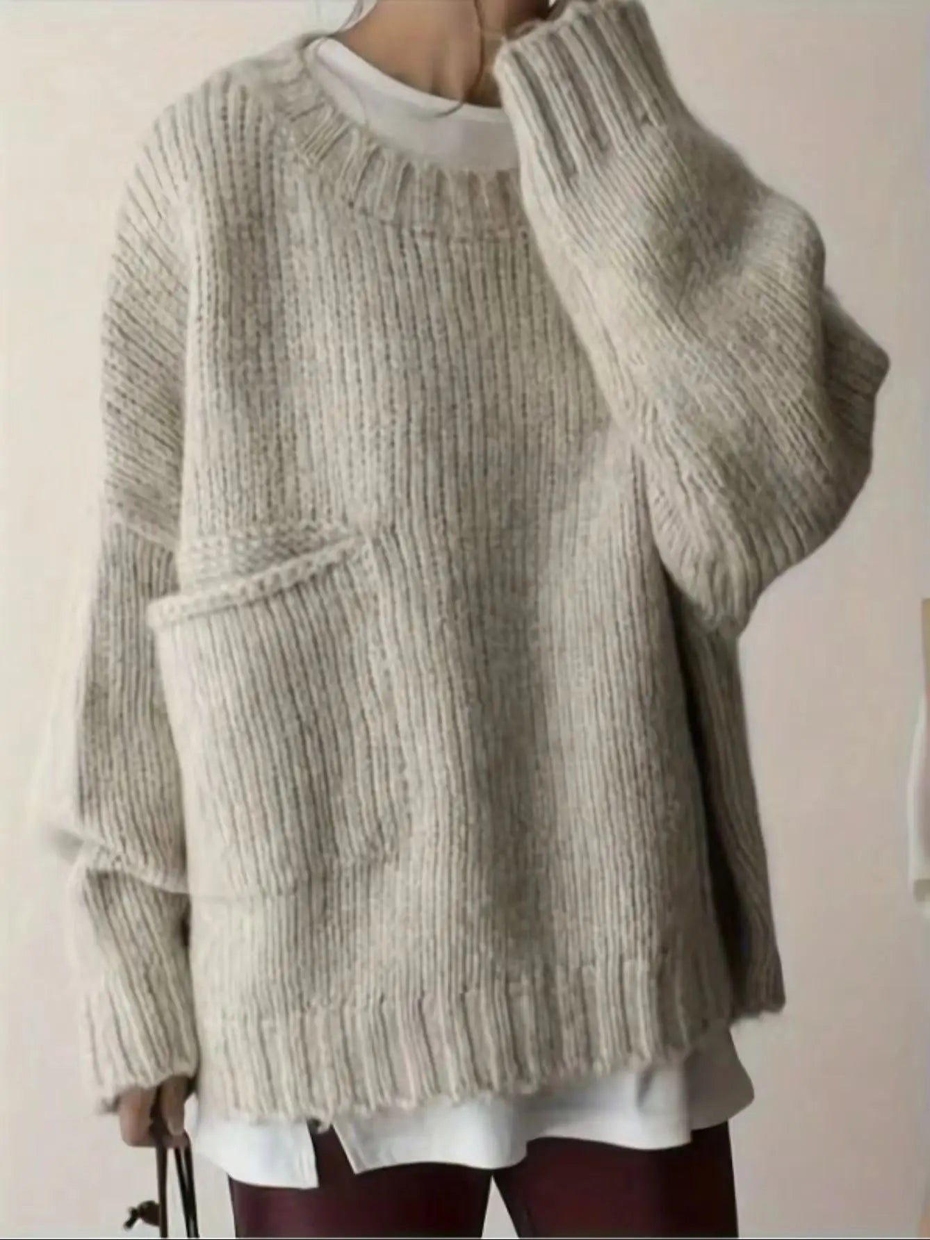 Crew Neck Long Sleeve Pullover Sweater with Side Pockets