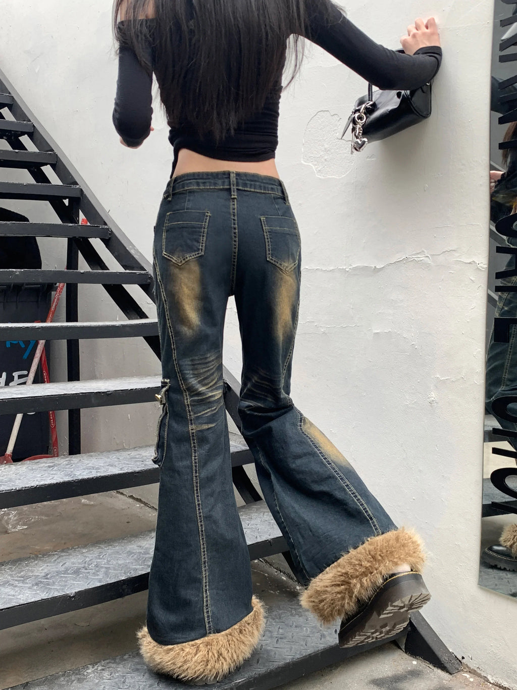 Faux Fur Denim Flare Pants