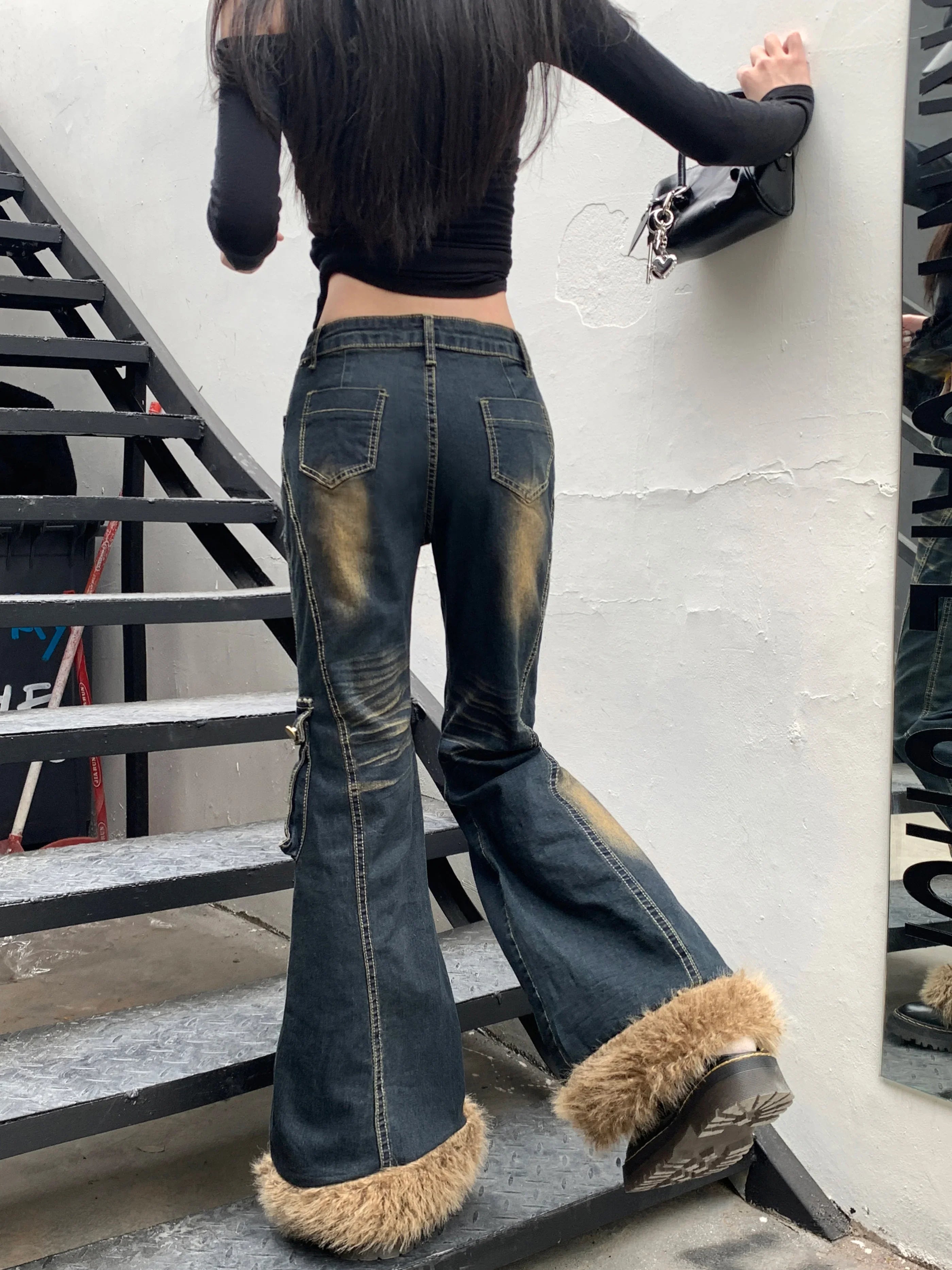 Faux Fur Denim Flare Pants
