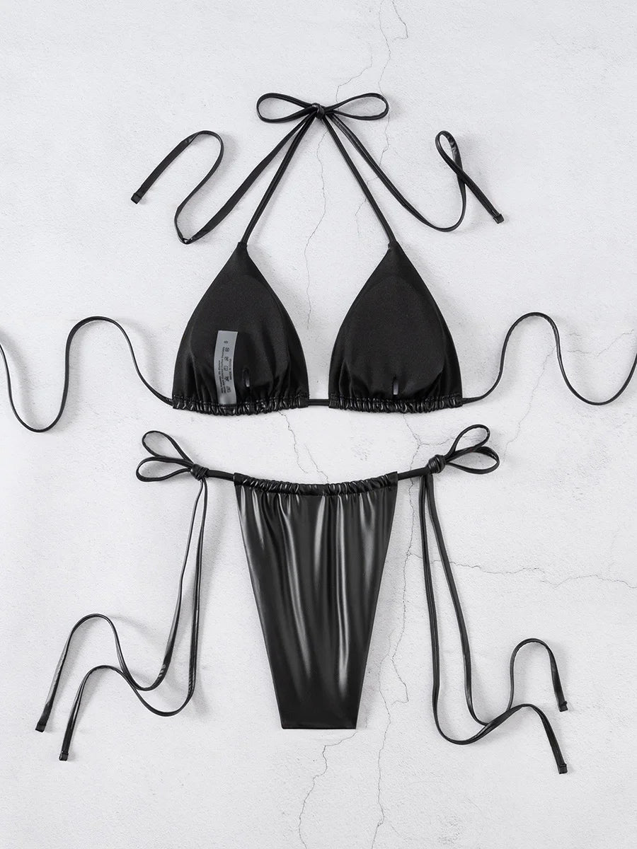 PU Faux Leather Mini Micro Thong Bikini