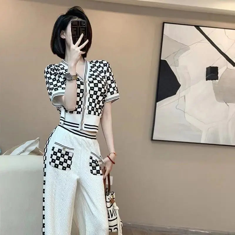 Knit Tracksuit Set - Black & White Checkerboard Short Sleeve Cardigan and Wide-Leg Lounge Pants