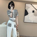 Knit Tracksuit Set - Black & White Checkerboard Short Sleeve Cardigan and Wide-Leg Lounge Pants