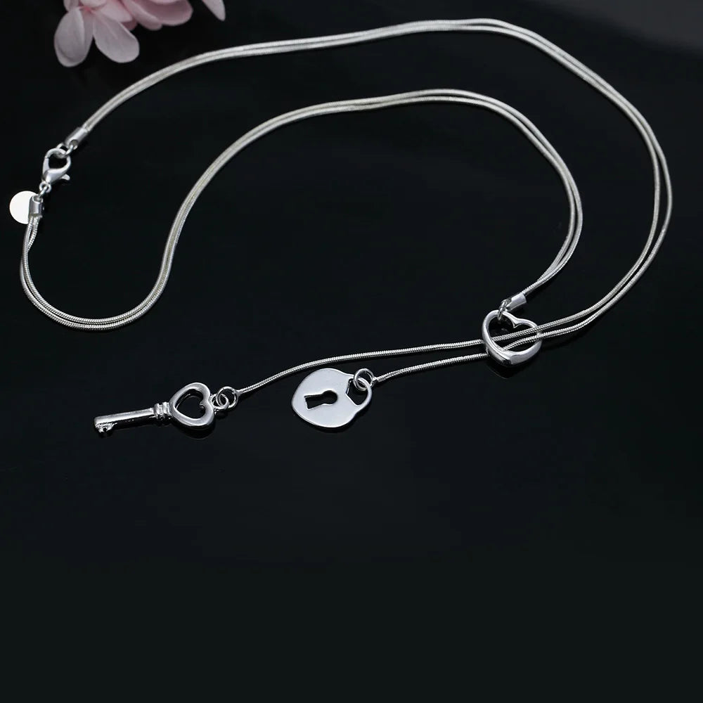 925 Sterling Silver Heart Lock Key Necklace