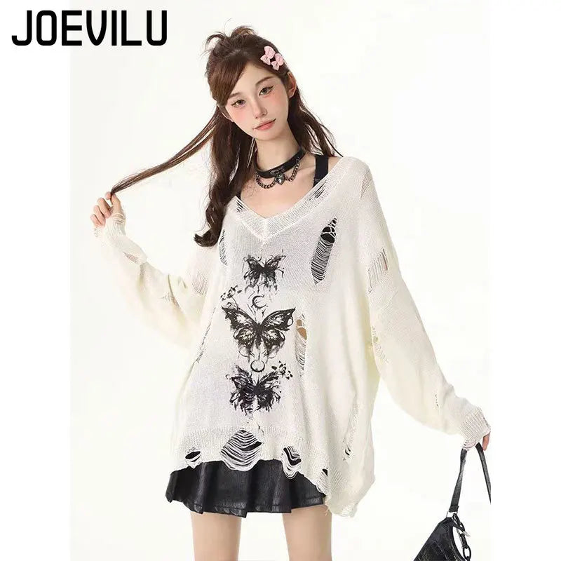 Graffiti Butterfly Hollow-Out Knit Top